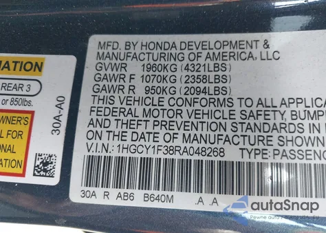 2024 Honda Accord Ex z USA, uszkodzony, nr VIN 1HGCY1F38RA048268